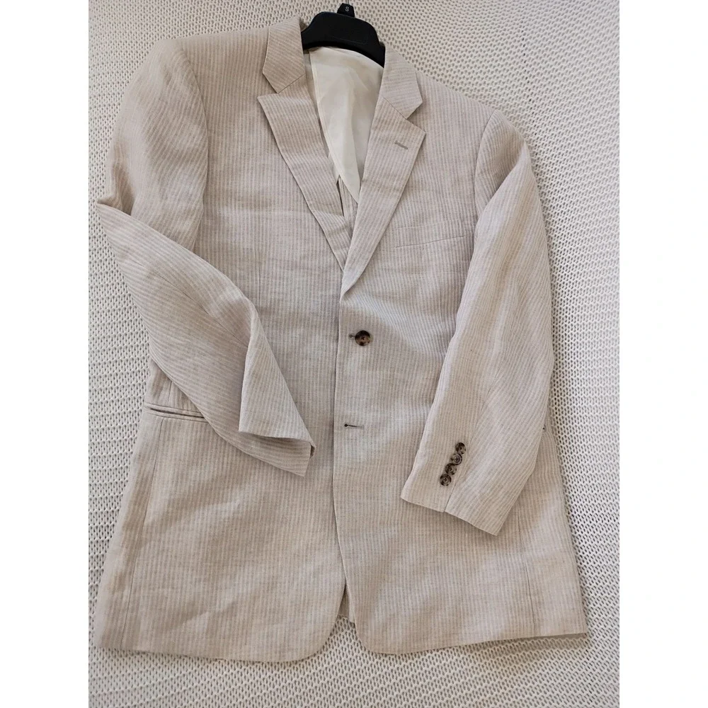 John W Nordstrom‎ Beige Herringbone Stripe 100% Linen Sport Coat Blazer 42R $395